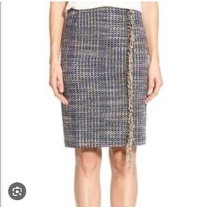 Halogen/ Nordstrom Navy and Camel Tweed Pencil Skirt with Fringe